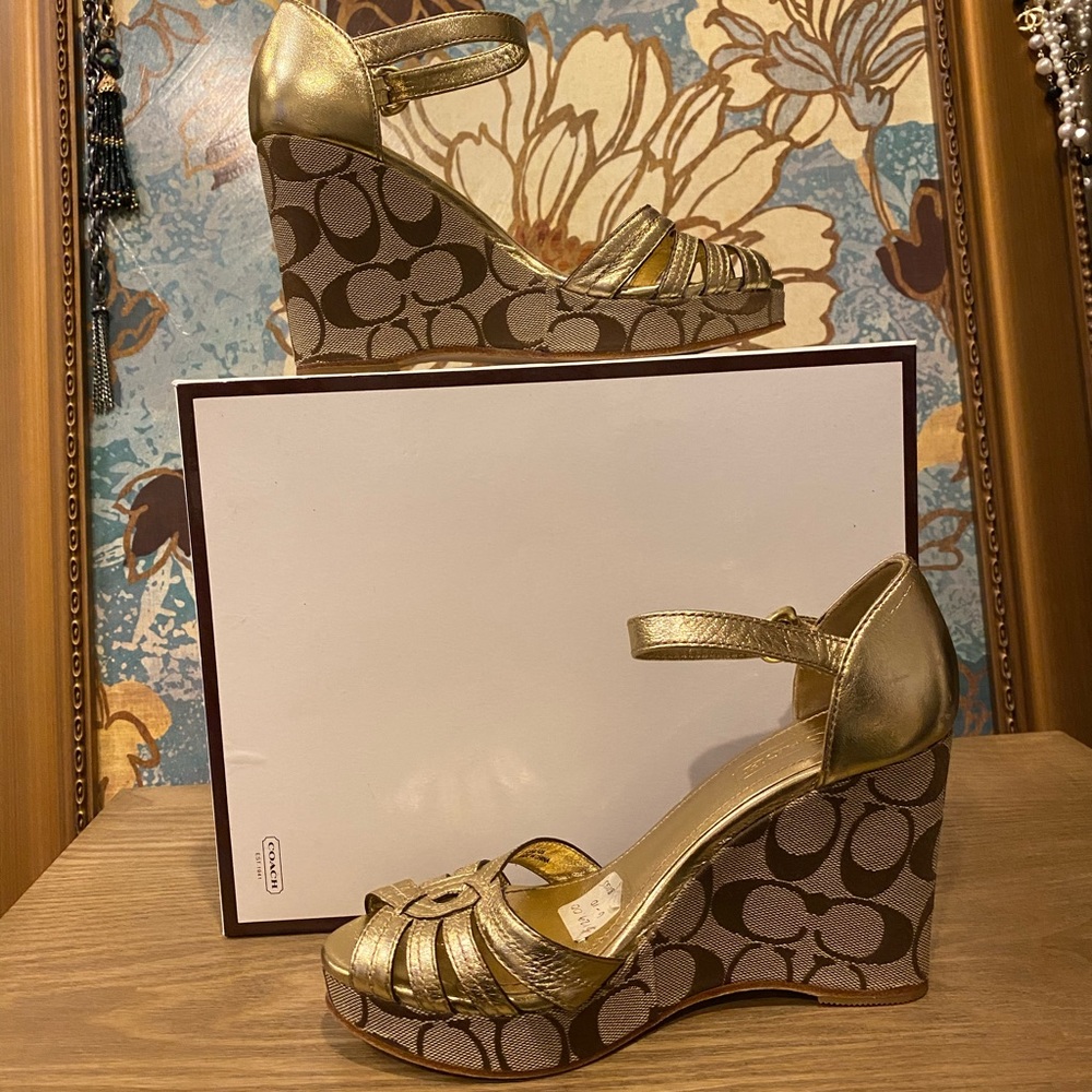 Coach “Katherine” Metallic Gold Wedge Heel Sandals
